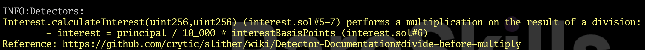 A screenshot of the Slither warning that multiplication happens after division