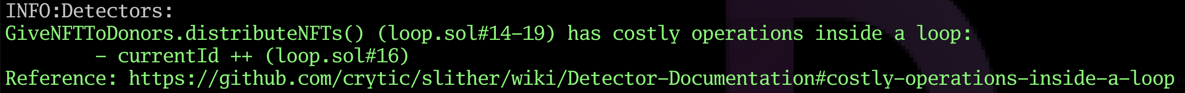 A screenshot of a warning from Slither about costly operations in a loop
