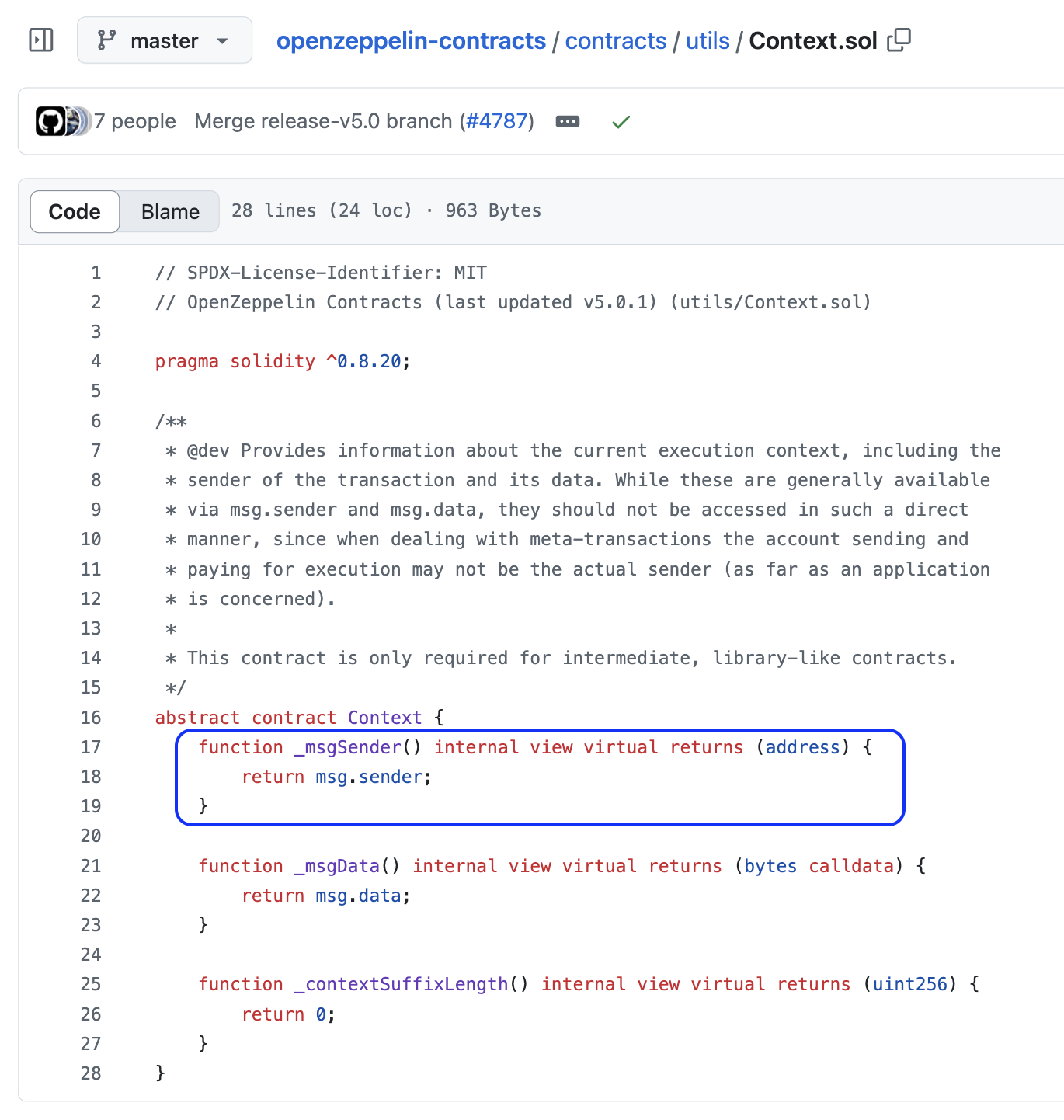 Screenshot of Context.sol from OpenZeppelin with _msgSender() highlighted