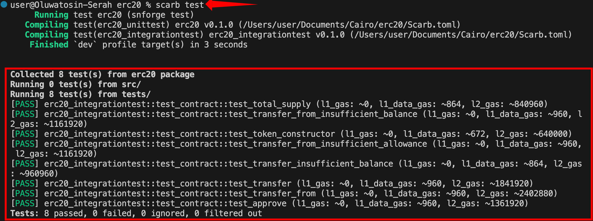 A screenshot showing tests passing