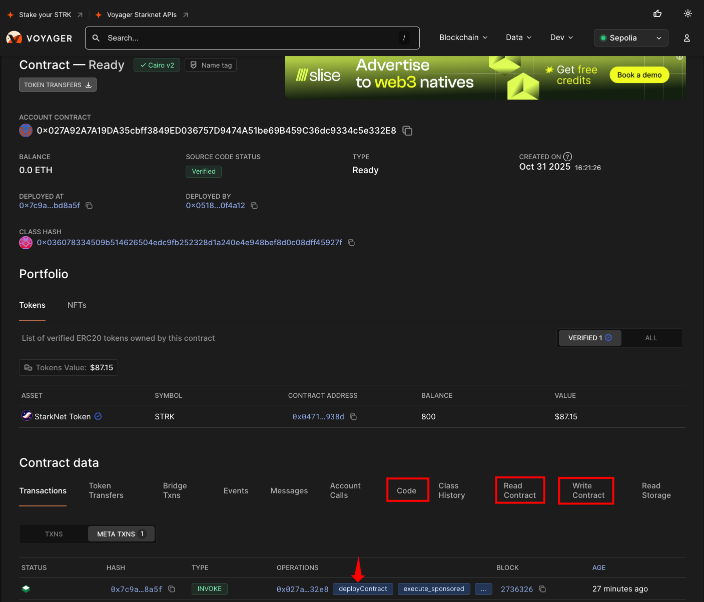 A deploycontract transaction shown in the explorer
