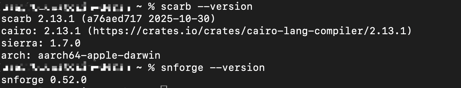 A screenshot showing how to get the version for scarb and snforge in the terminal.