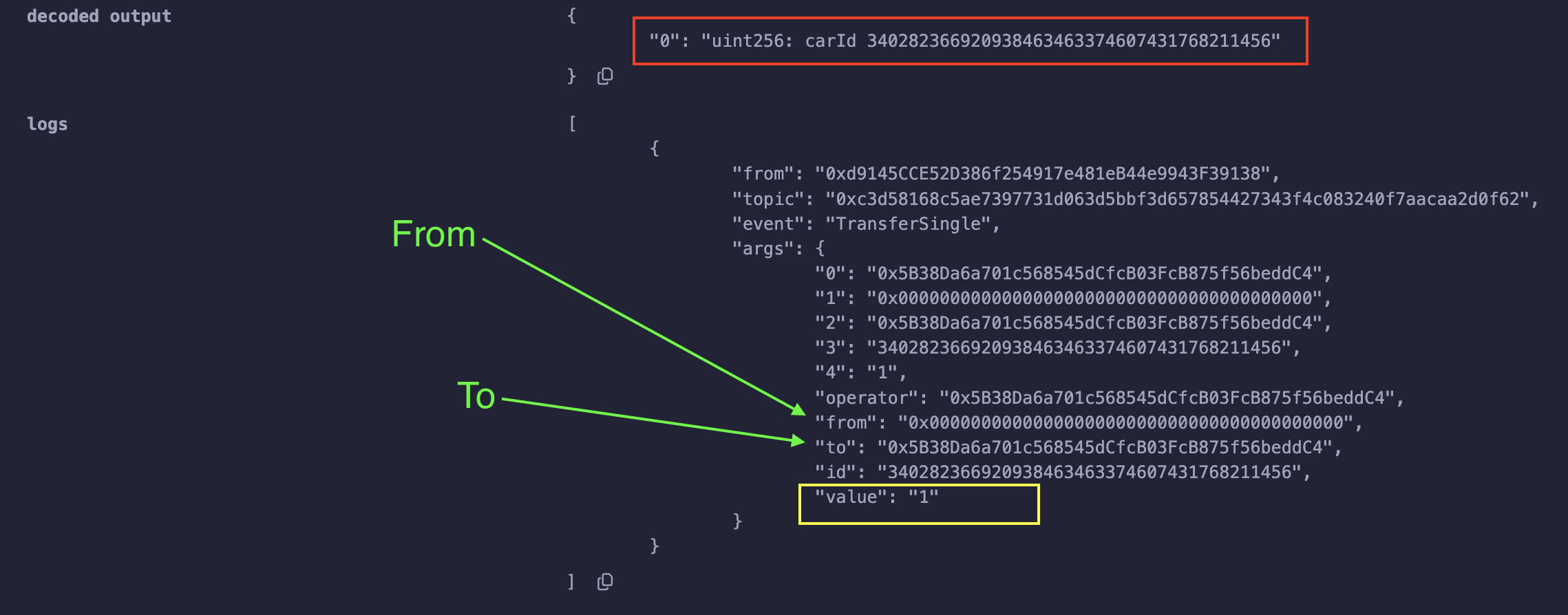 Screenshot of the log after the mintCar function is called