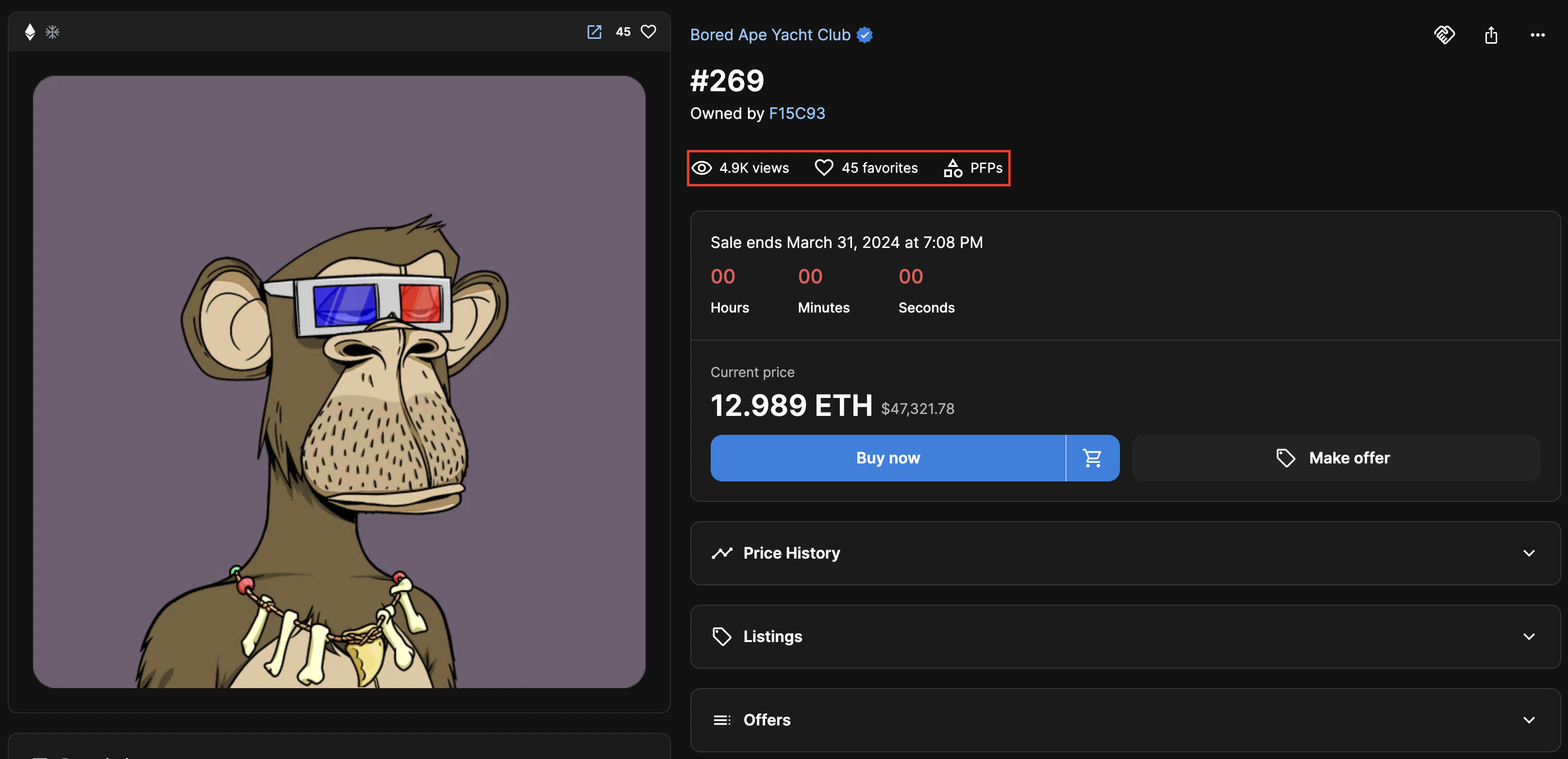 Screenshot of a random Bored Ape Yacht Club NFT owned by F15C93