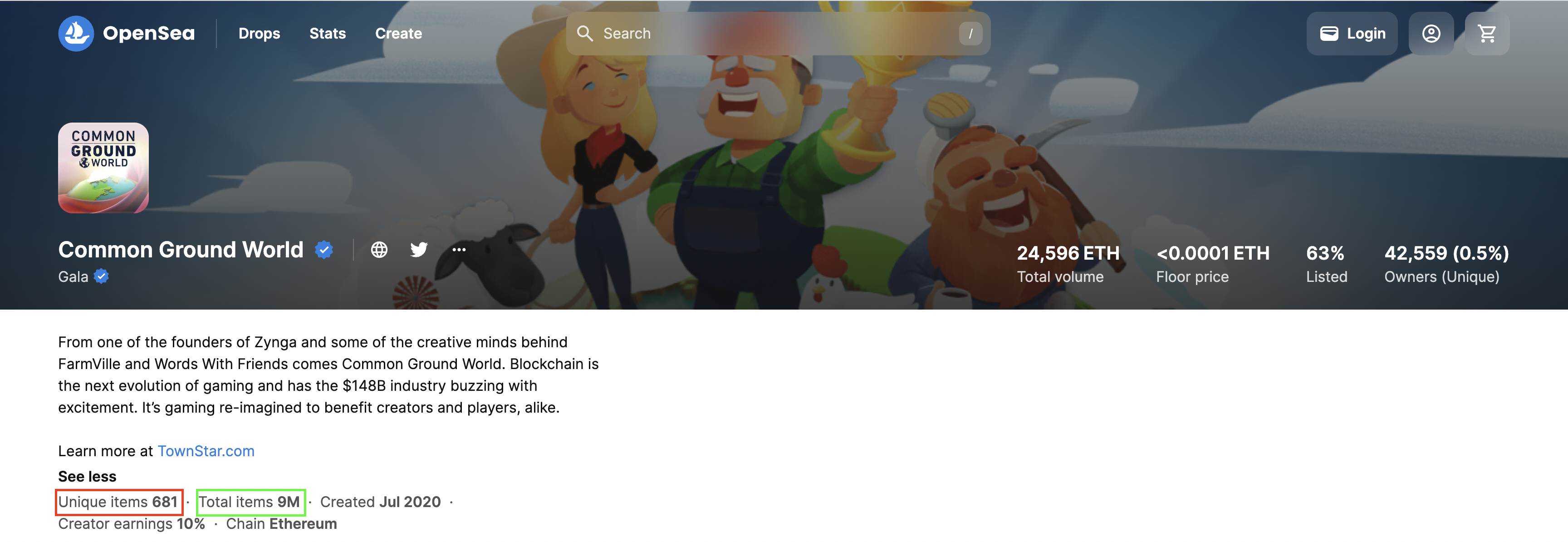 Screenshot of common worlds nft on opensea