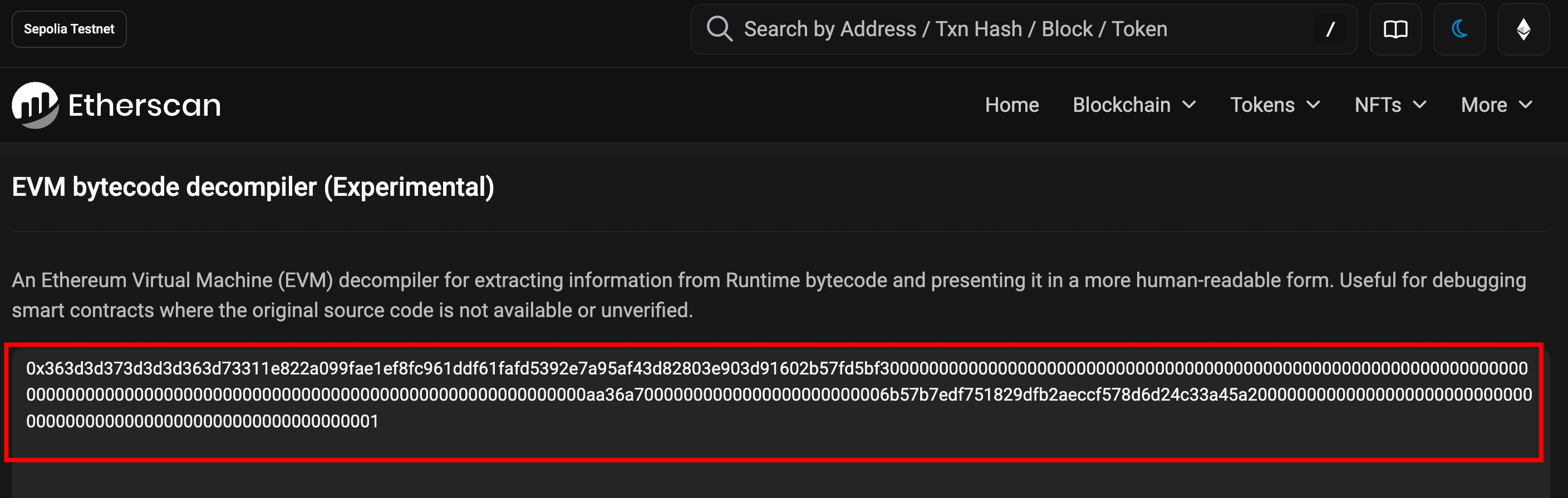 Etherscan screenshot of bytecode