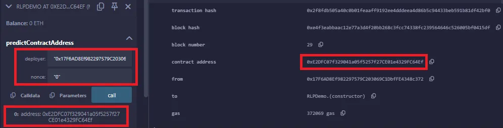 predicted smart contract address compared with actual
