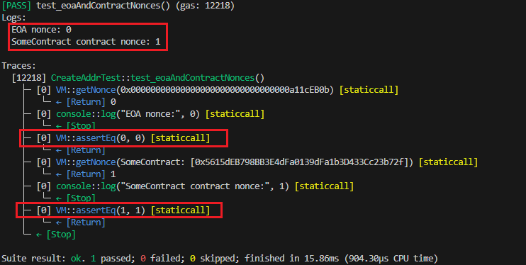 screenshot of terminal after running the test showing the nonces