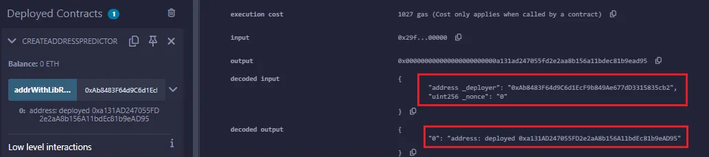 remix screenshot showing derived address vs actual address