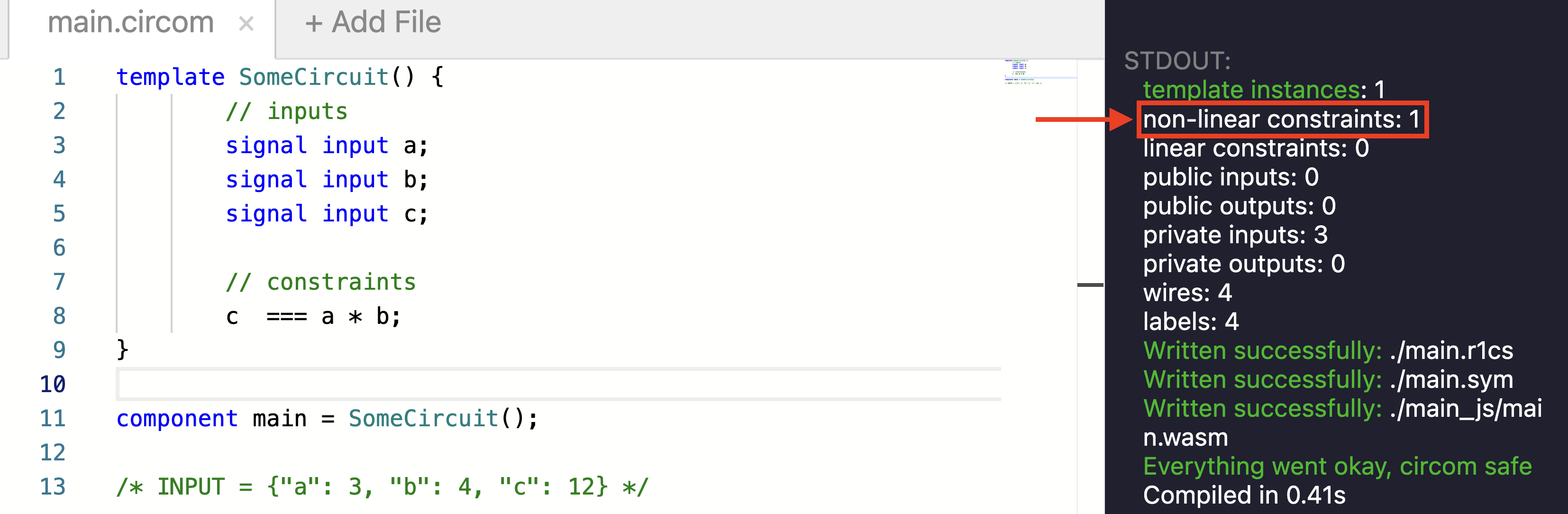 zkRepl showing the Circom compiler output
