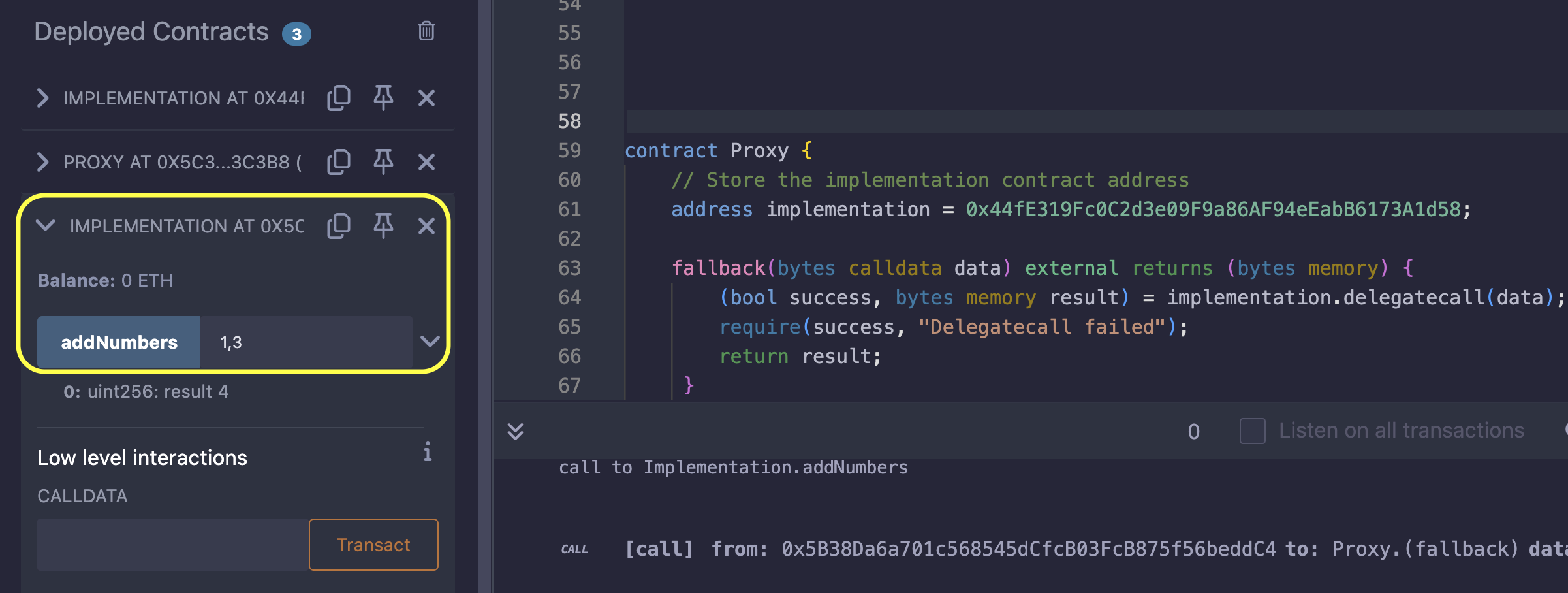A diagram showing an interaction with the proxy contract