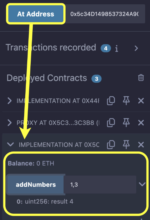 A diagram showing a click on the At Address and an interaction with the proxy contract in Remix