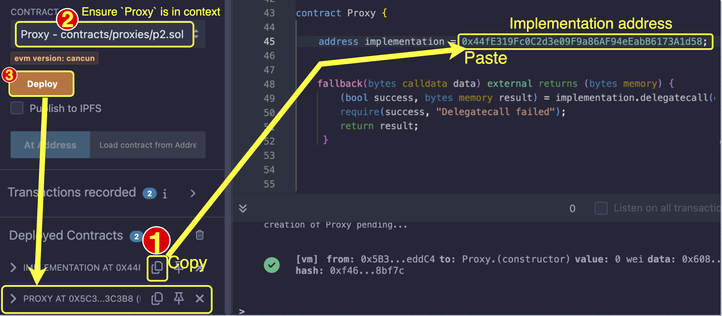 A diagram showing how to deploy the proxy contract and set the implementation address