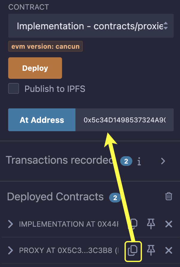 A diagram showing how to copy the Proxy contract address and paste it into the  input box