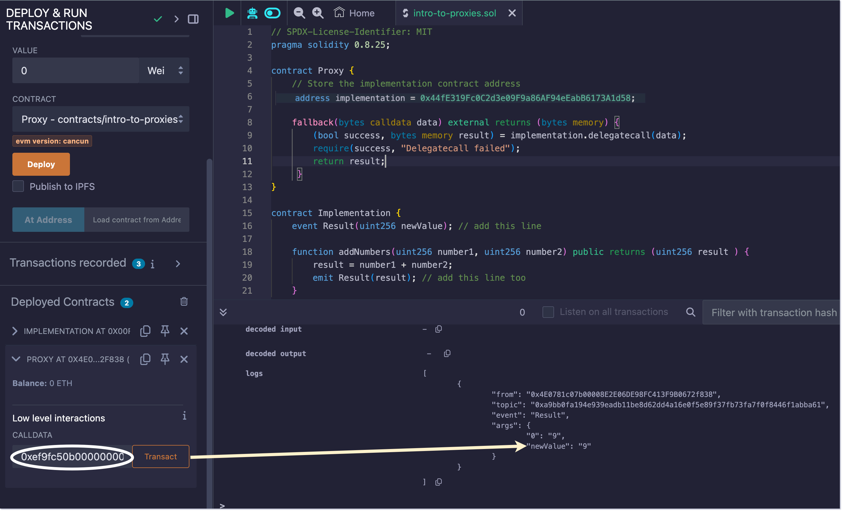 A diagram showing how to use the calldata to call a function in the proxy contract in Remix