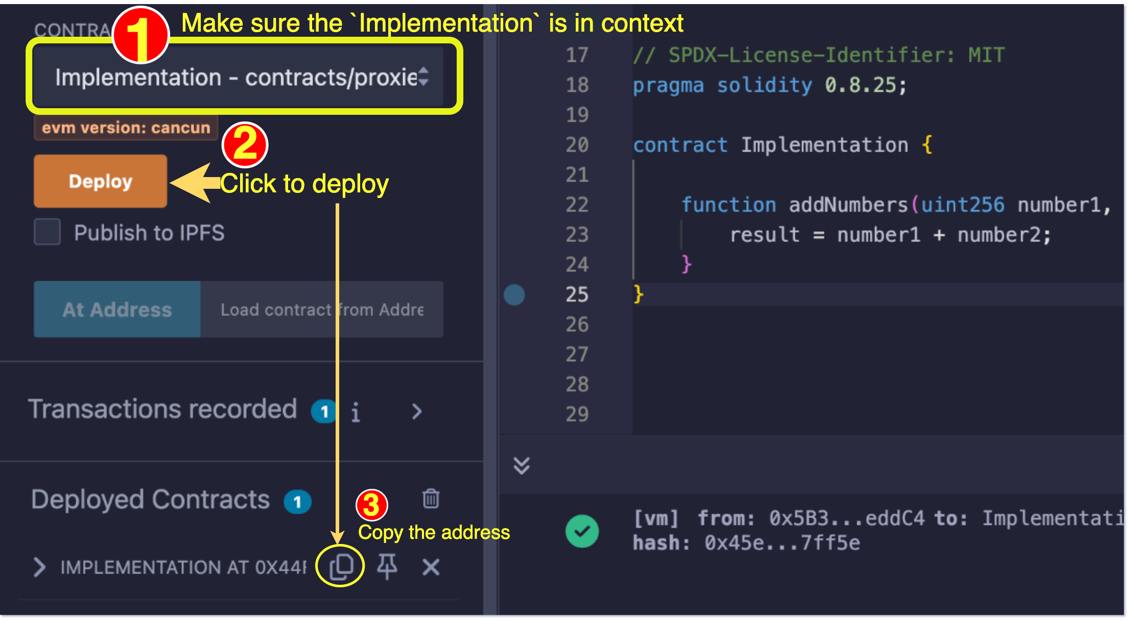 A diagram showing how to deploy the implementation contract using Remix