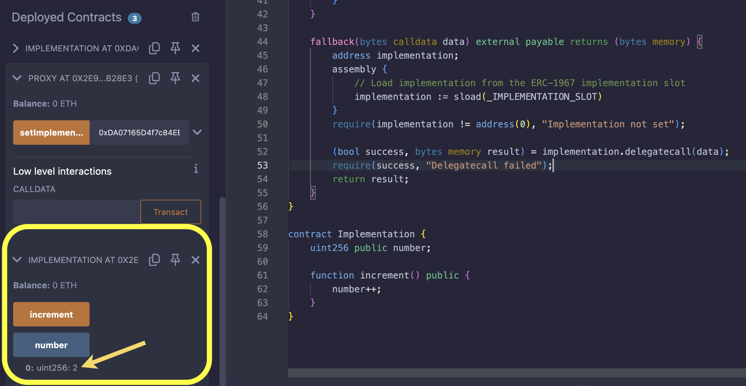 A diagram showing a return value of 2 from the contract interaction
