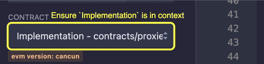 A diagram showing how to select the Implementation contract on Remix