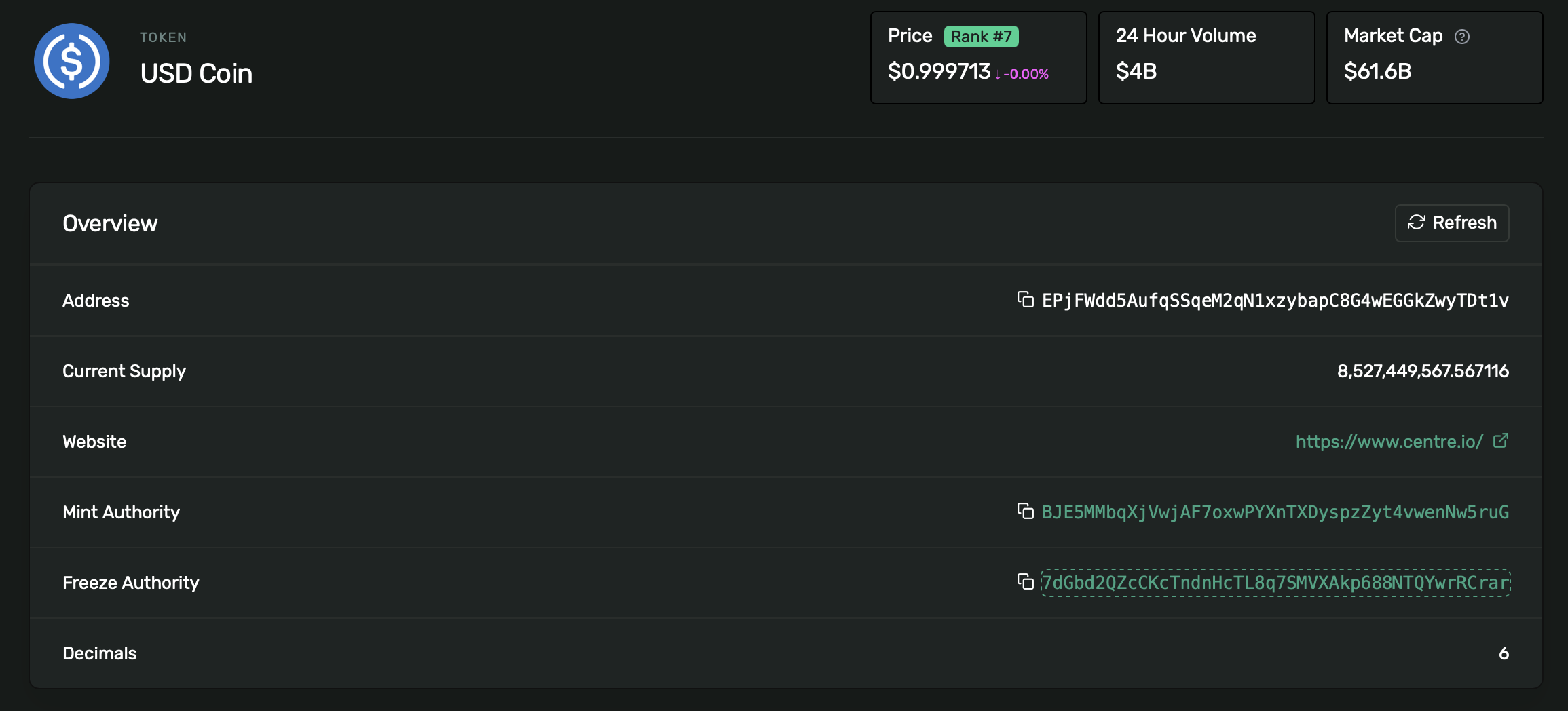 Solana block explorer showing USD coin