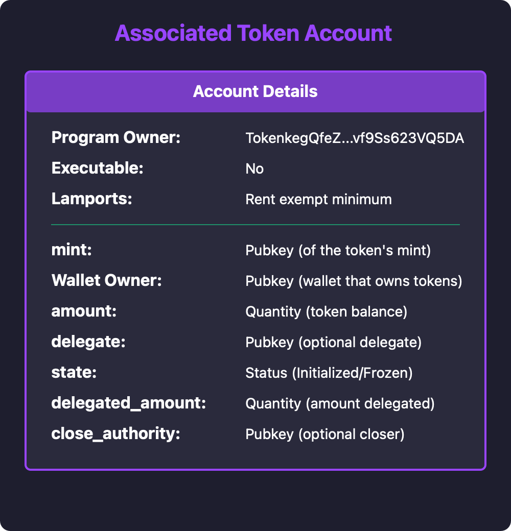 a table showing the fields inside the associated token account