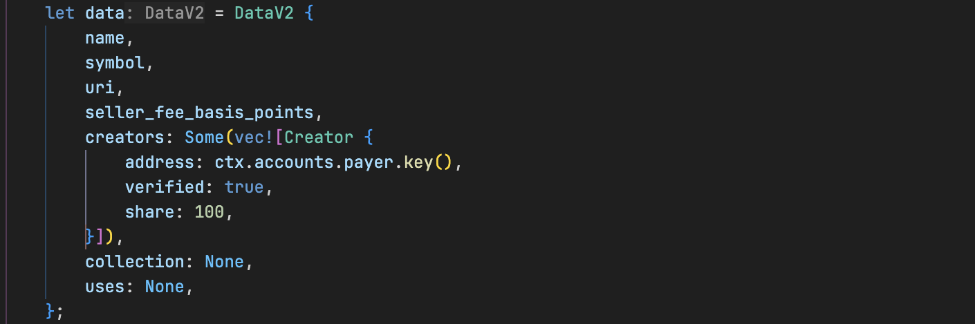 A Rust struct holding the metadata for the token