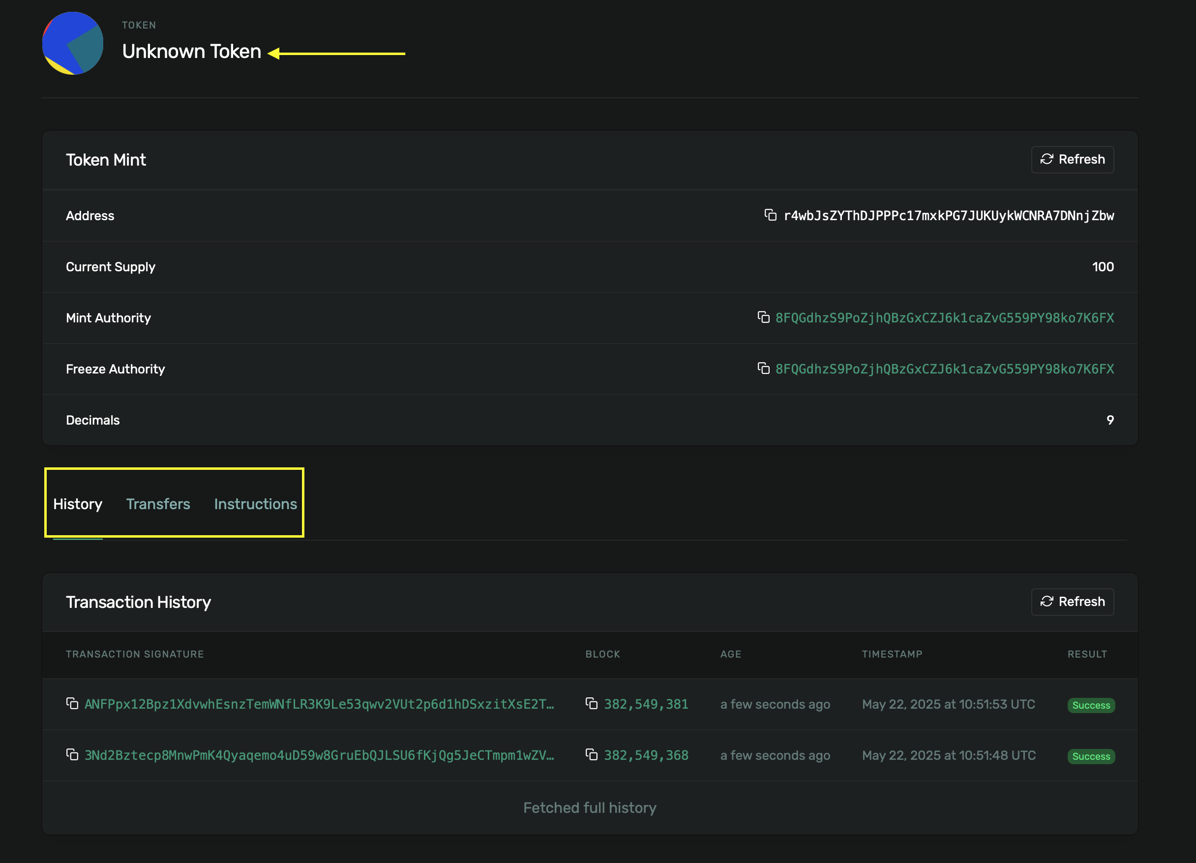 A screenshot of a token with metadata missing