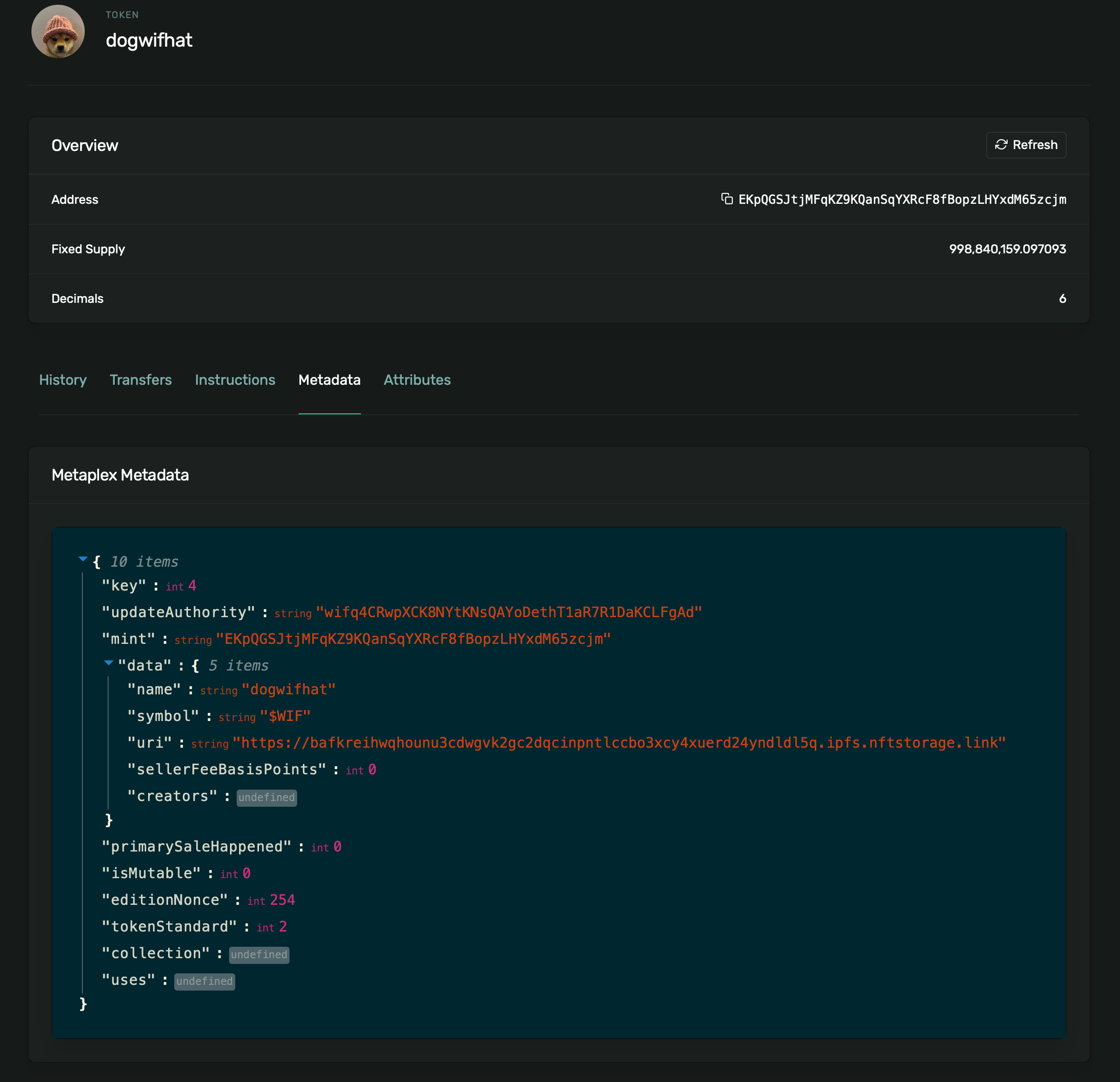 screenshot of token metadata on the Solana block explorer