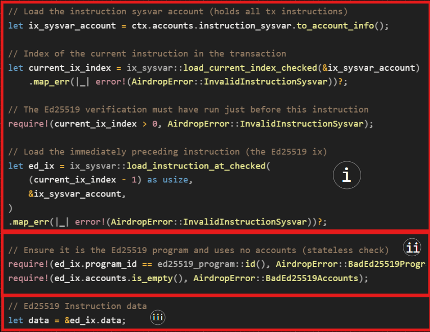A screenshot showing a code snippet for how to load and validate the Ed25519 Verification Instruction
