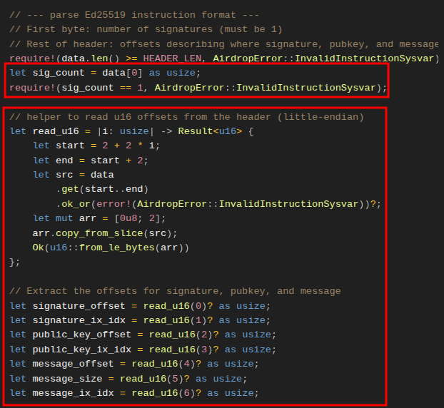 A screenshot showing the snippet for retrieving the signature count and offsets in the header region of an instruction data.