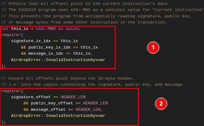 A screenshot explaining: Validation to ensure we are accessing accurate signature, public key, and message in the current instruction following our program code.