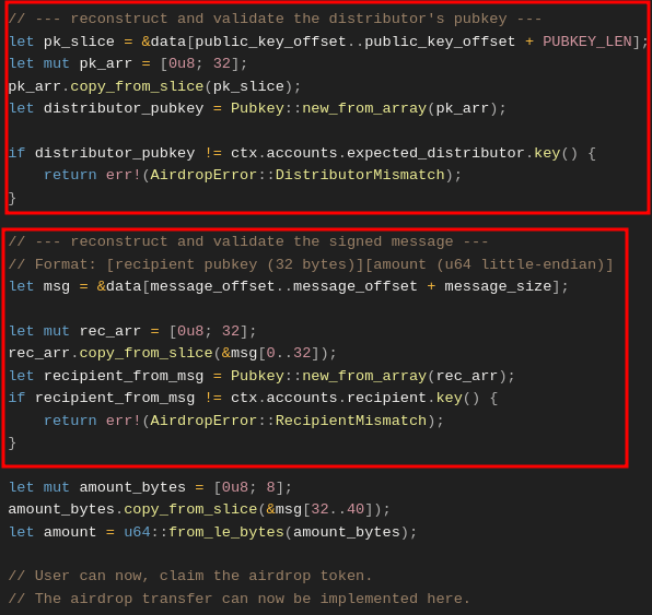 A screenshot showing showing how to access the distributor’s signature, public key, and the message in the instruction data vector