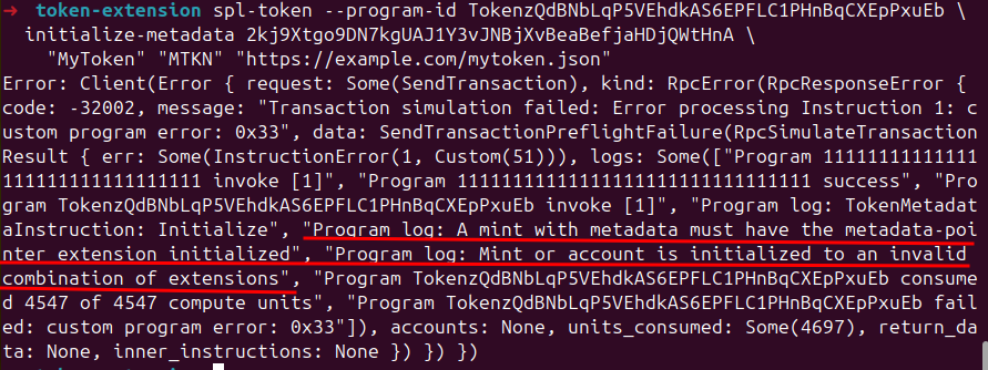 A screenshot of the terminal illustrating what would happen if we initialize the metadata extension without running in the earlier command`