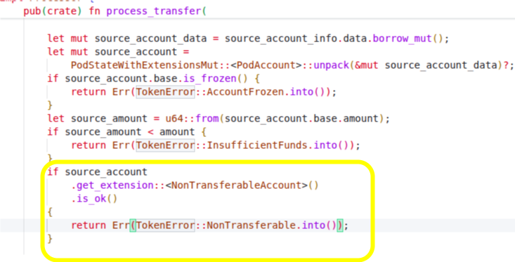 A screenshot from the Token-2022 codebase showing that the token cannot be transferred if the NonTransferable extension is enabled.