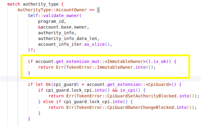 A screenshot from the Token-2022 Rust codebase showing how the token account owner cannot change.