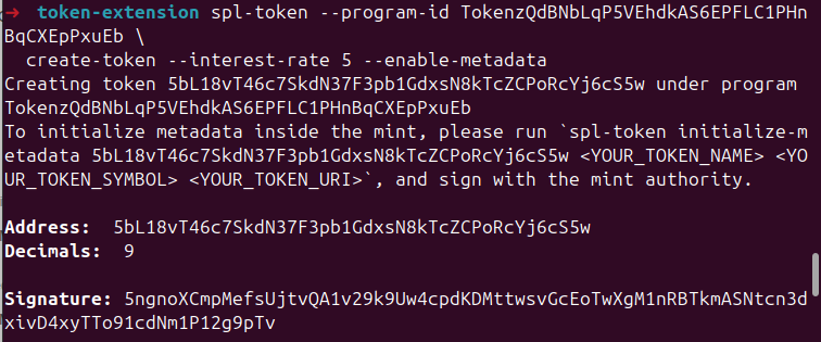 A screenshot showing the spl-token cli running in the terminal to create a Token-2022 that uses the interest extension and the metadata extension.