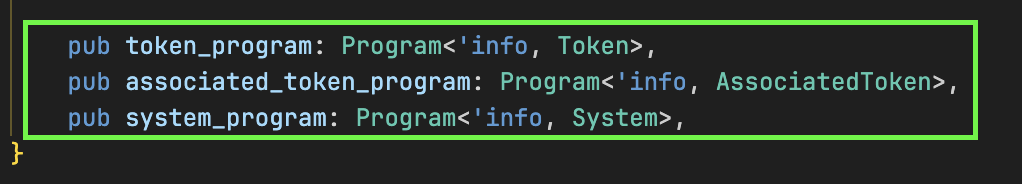 code showing the token program, associated token program, and system program