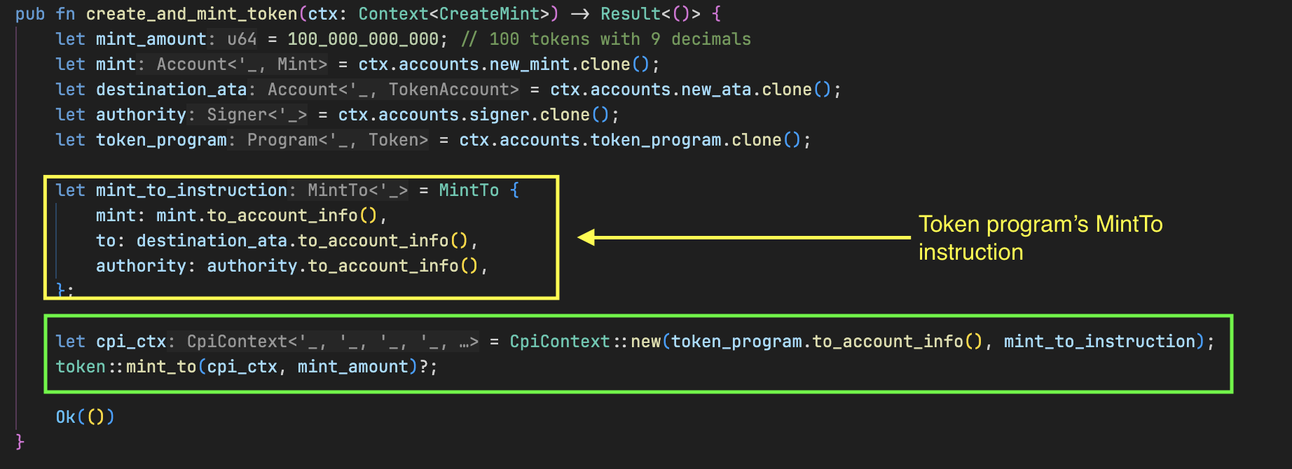 code showing the accounts for the MintTo instruction