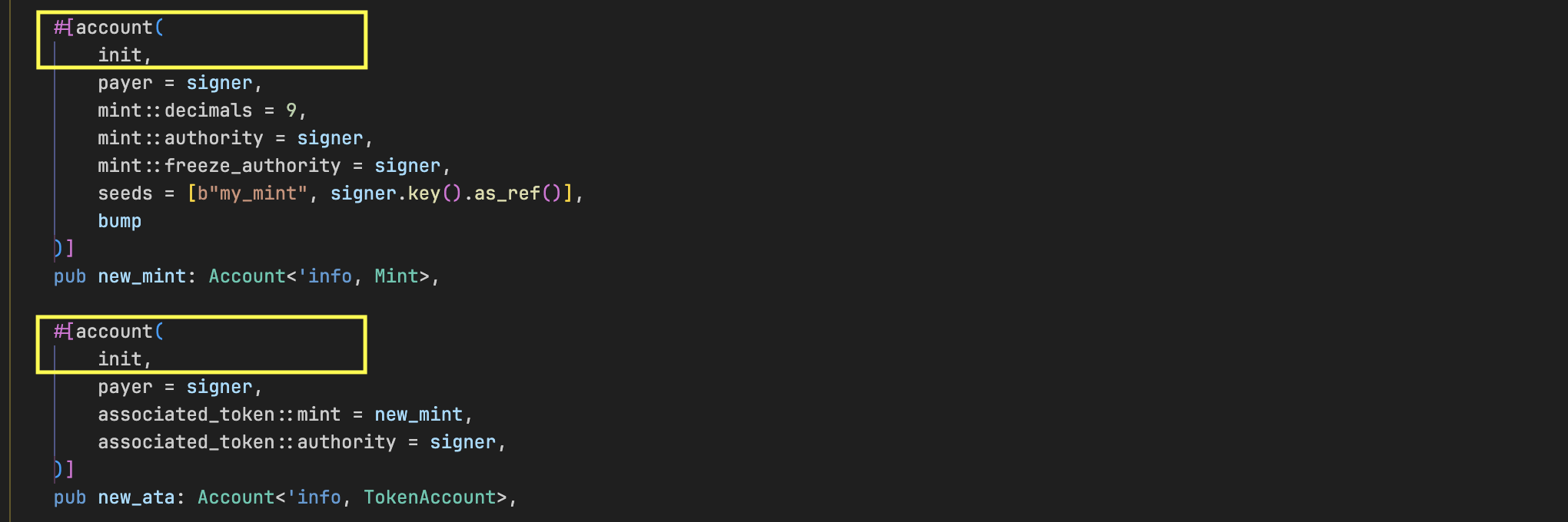 code that ensures account creation prior to running the instruction to create a mint account
