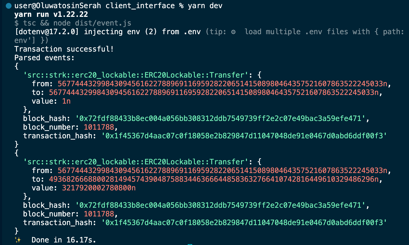 A screen shot showing results after running yarn dev