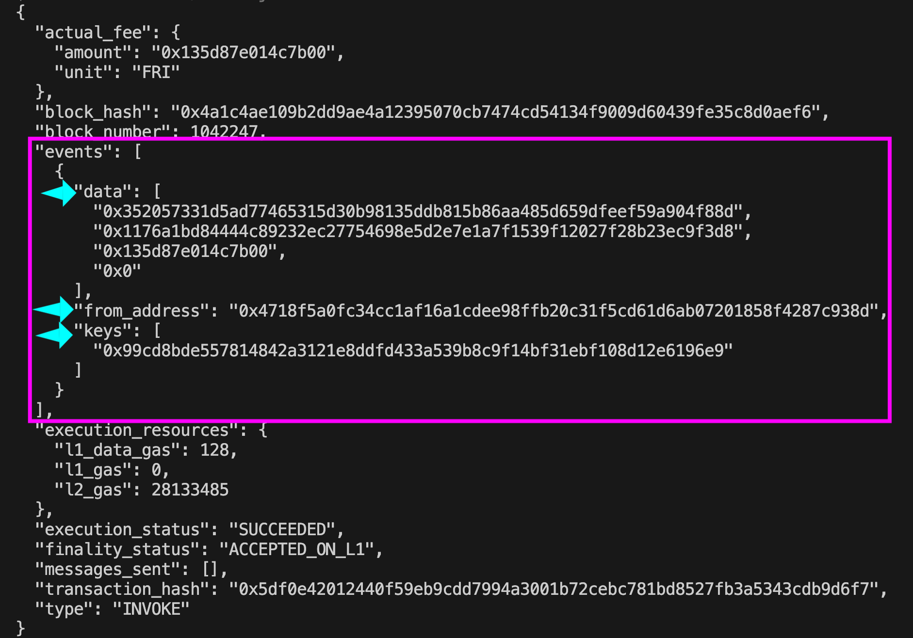 A Cairo transaction with the event fields highlighted