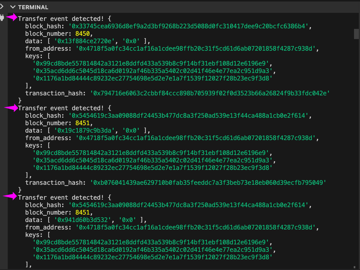 Transfer events detected by the script