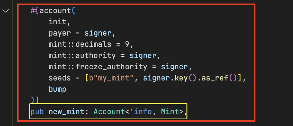code showing the constraints for creating a new mint account