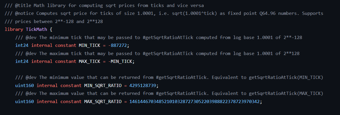 Screenshot of the min tick and max tick in Uniswap V3 TickMath library