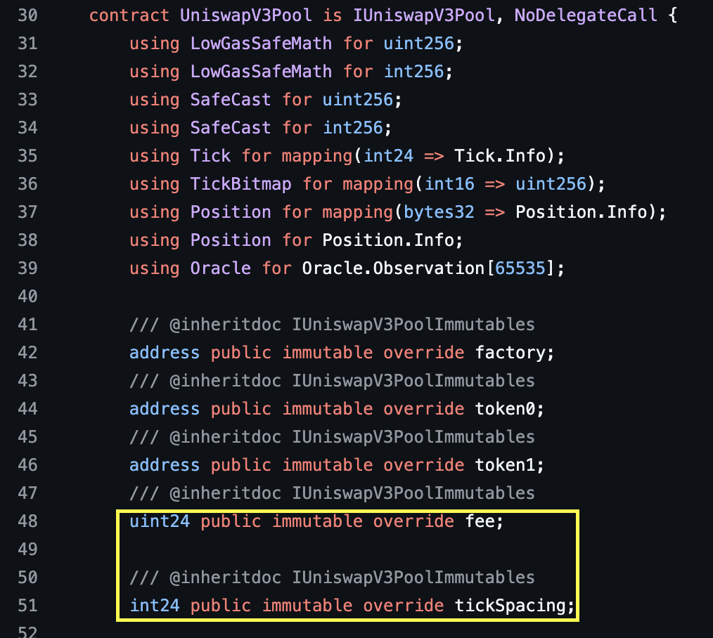 code for fee and tick spacing