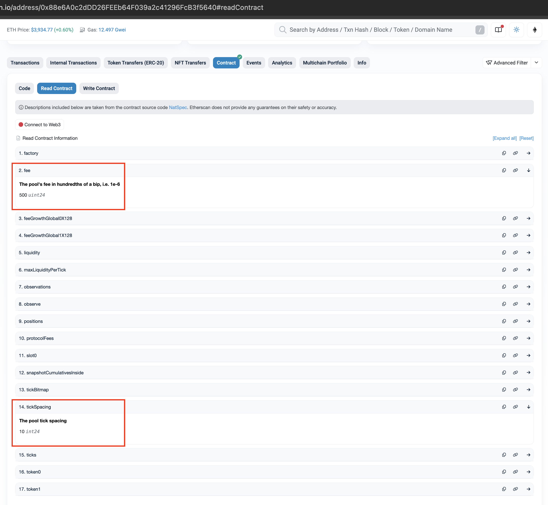 fee and tickspacing variables in etherscan