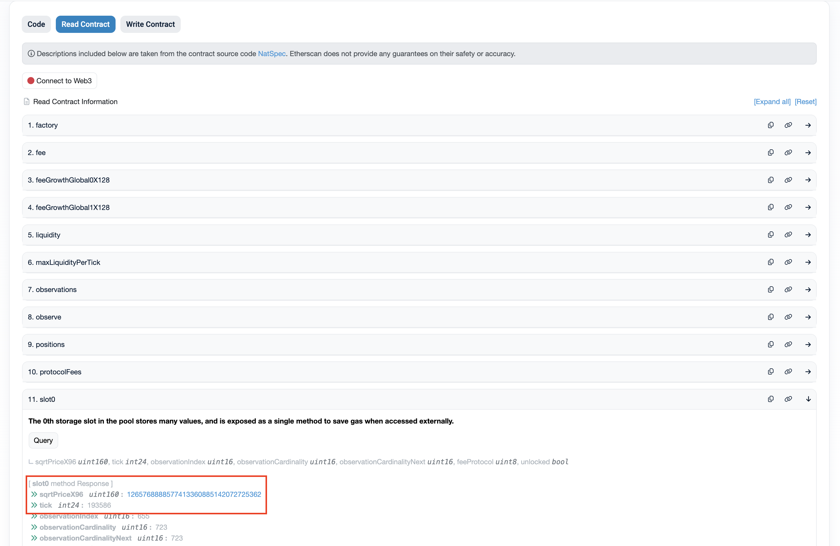 Etherscan output of slot0