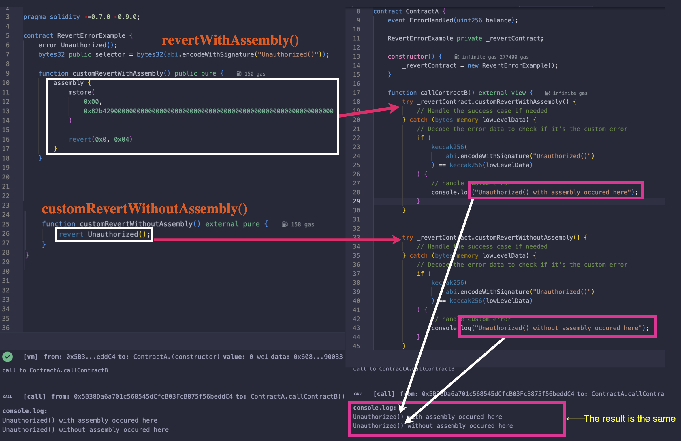 reverts in assembly and normal solidity showing the same error output