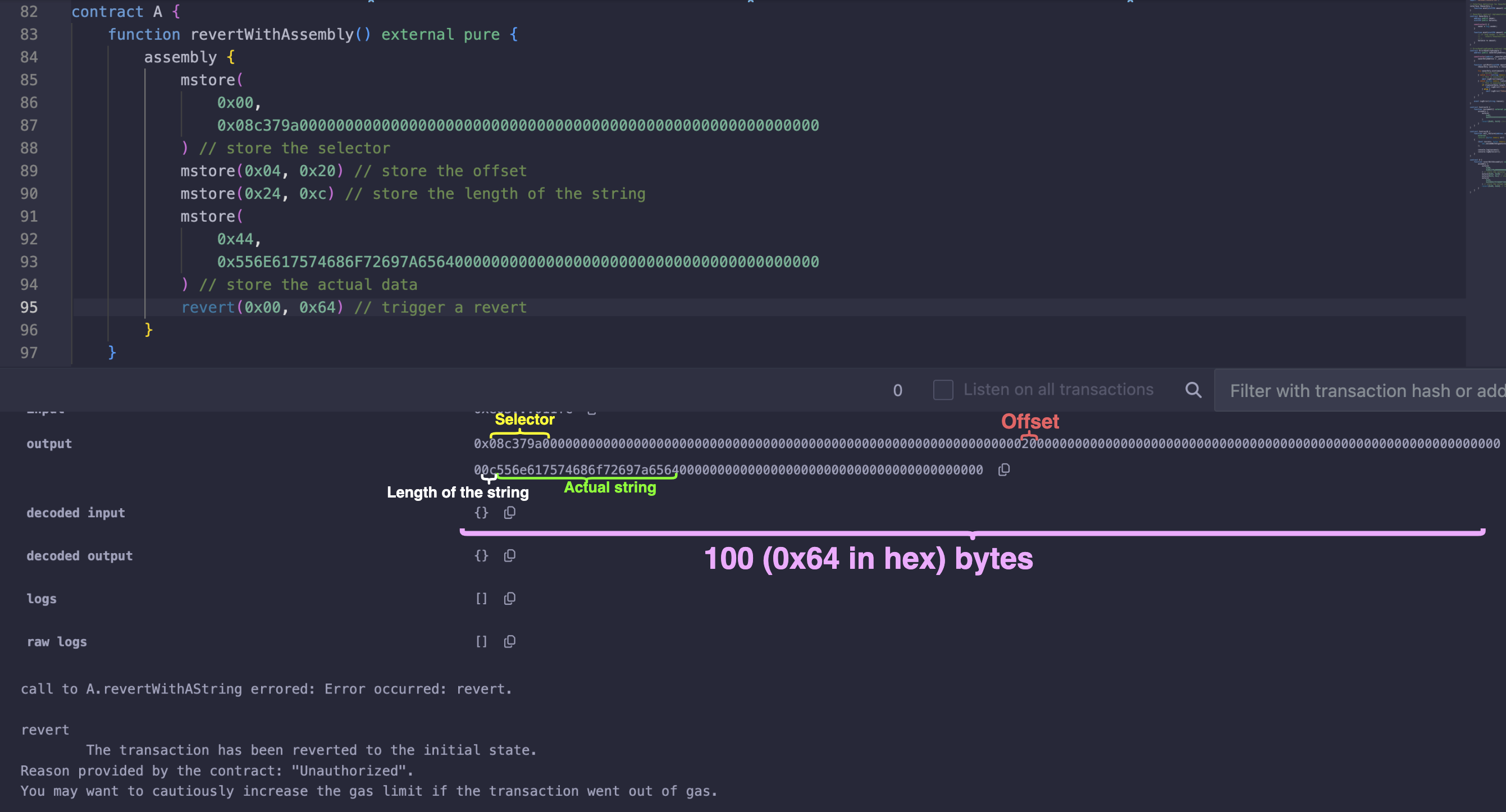 revert with assembly raw output
