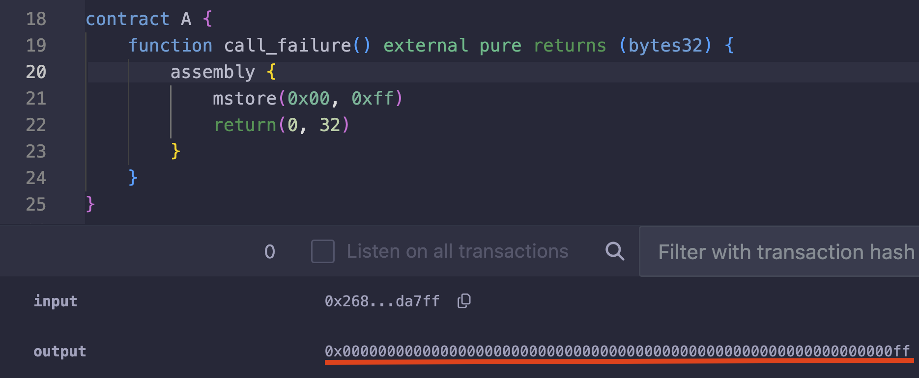 A screenshot from Remix showing the revert values returned from a function