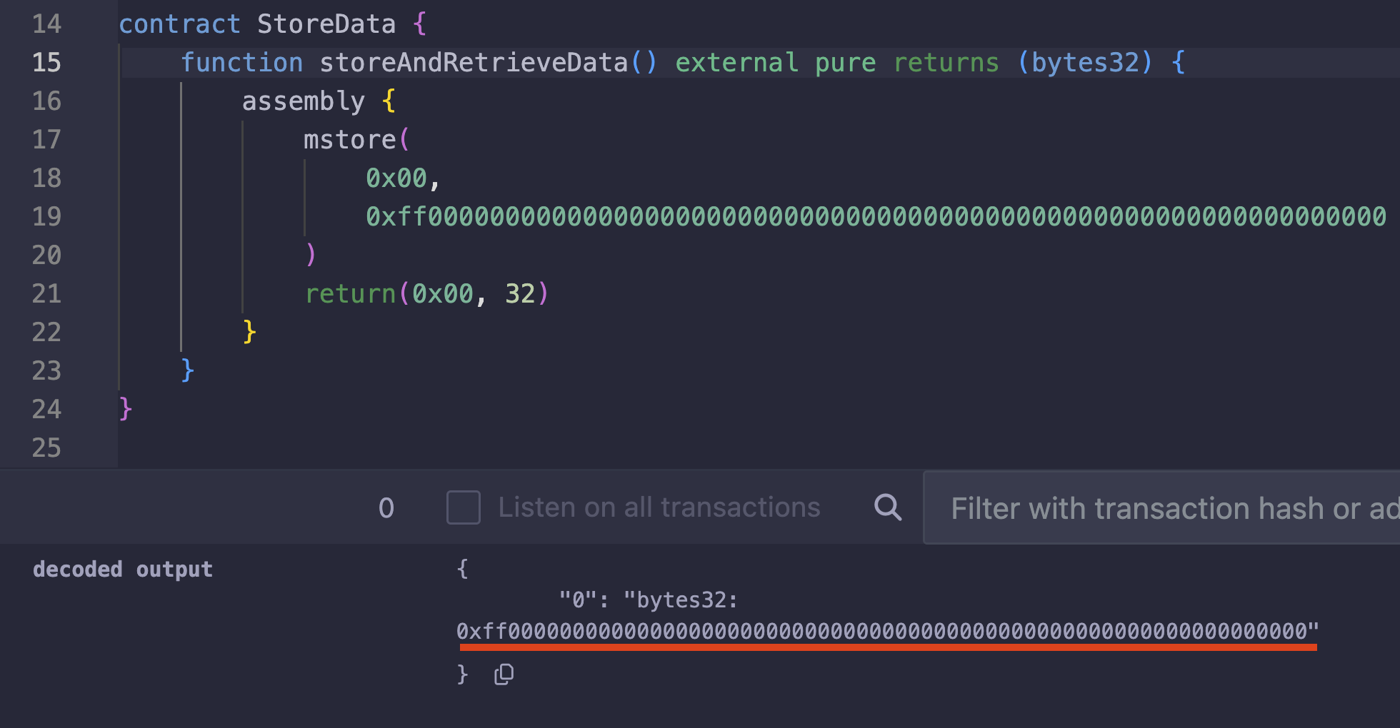 solidity code using mstore